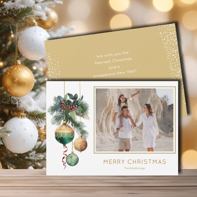 Gold and Green Christmas Ornaments Photo Holiday Card (Chic green and gold Christmas tree ornaments flat photo holiday greeting cards)