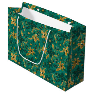 Gold and Green Christmas Poinsettia Flowers Large Gift Bag