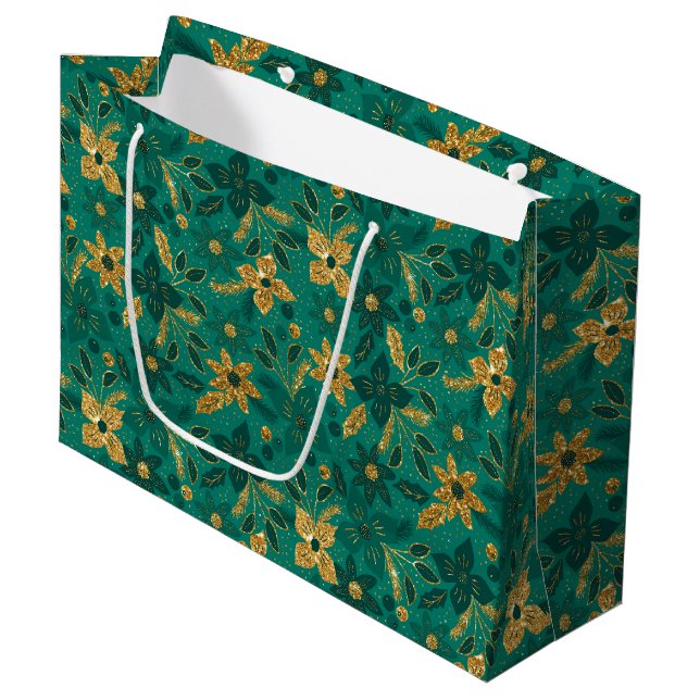 Gold and Green Christmas Poinsettia Flowers Large Gift Bag (Front Angled)