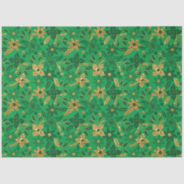 Gold and Green Christmas Poinsettia Flowers Tissue Paper (Front)