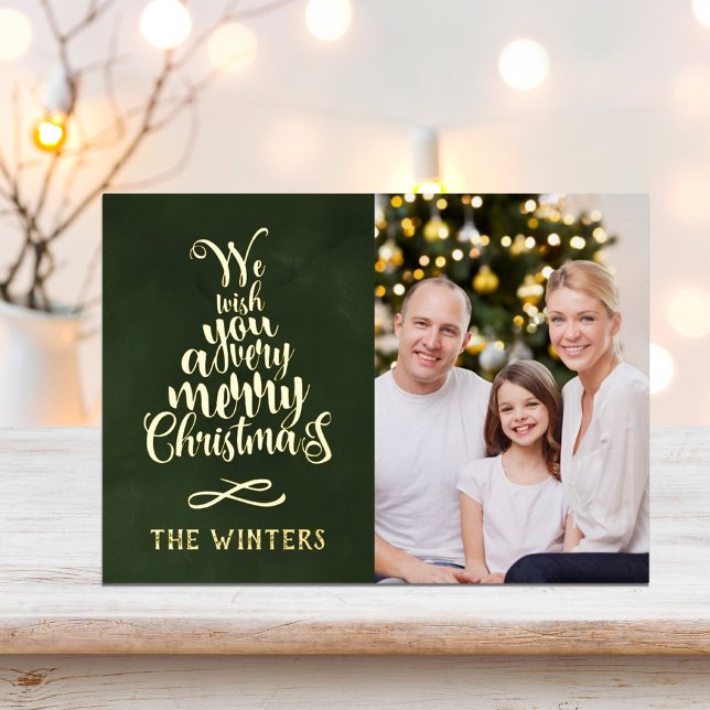 Gold and Green Christmas Tree Lettering Photo Foil Holiday Card (Creator Uploaded)
