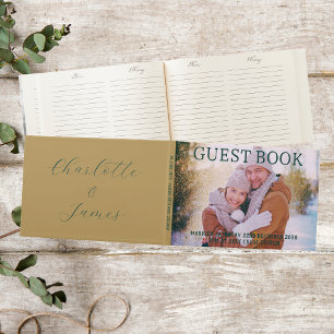 Gold And Green Christmas Wedding Photo Guest Book