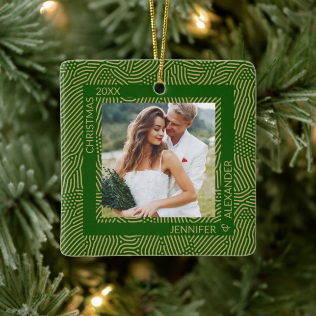 Gold and Green Couples Photo Ceramic Ornament (Tree)