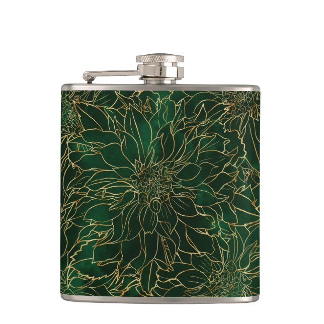 Gold and Green Dahlia Flower Hip Flask (Front)