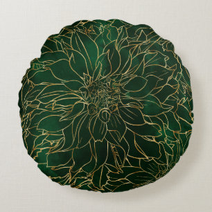 Gold and Green Dahlia Flower Round Cushion