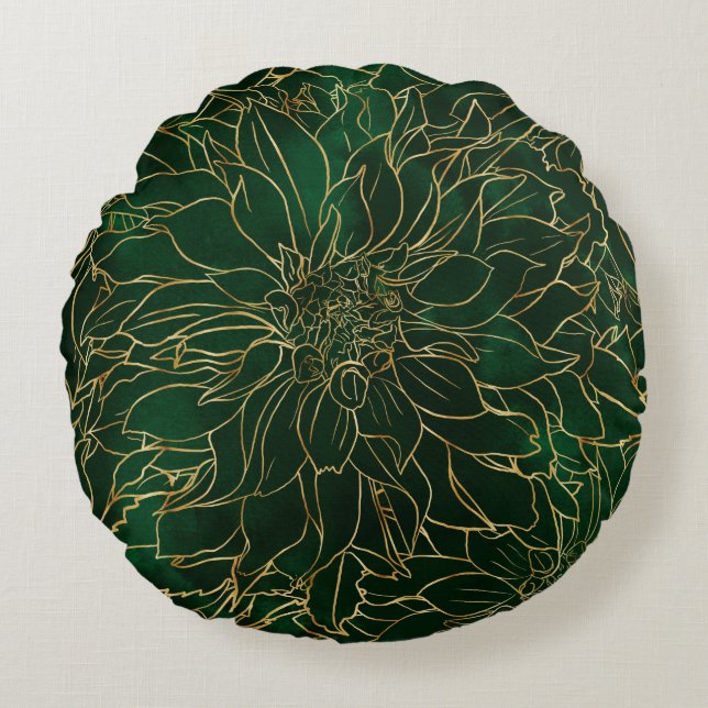 Gold and Green Dahlia Flower Round Cushion (Front)