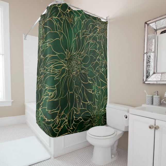 Gold and Green Dahlia Flower Shower Curtain (In Situ)