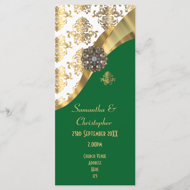 Gold and green damask church wedding program programme (Front)