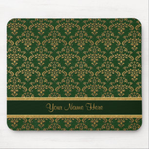 Gold and Green Damask Mouse Mat