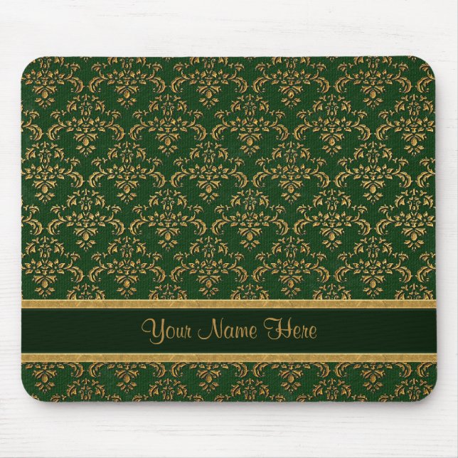 Gold and Green Damask Mouse Mat (Front)