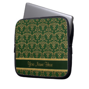 Gold and Green Damask Pattern Laptop Sleeve