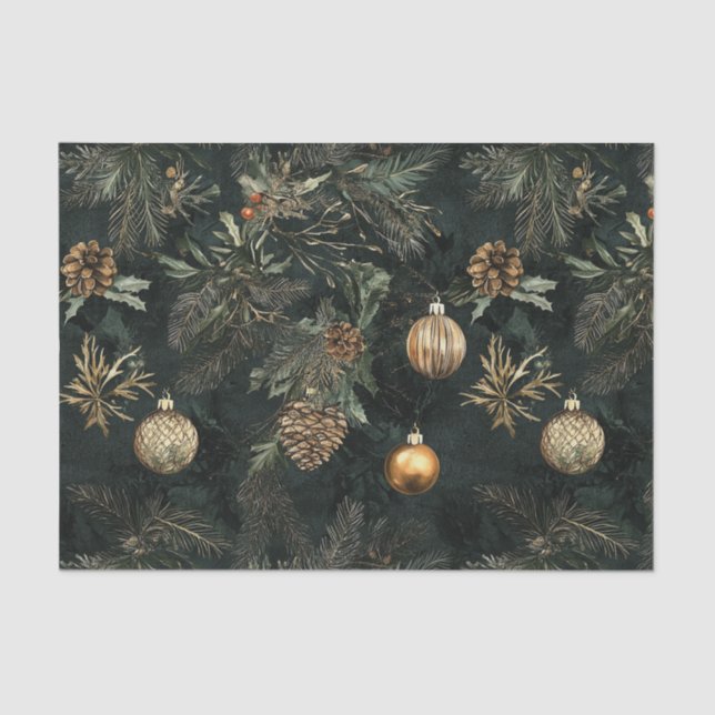 Gold and Green Dark and Moody Christmas Tissue Paper (Front)
