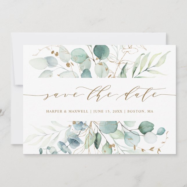 Gold and Green Elegant Botanical Wedding  Save The Date (Front)