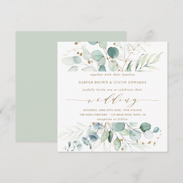 Gold and Green Elegant Botanical Wedding Square Invitation (Front/Back)