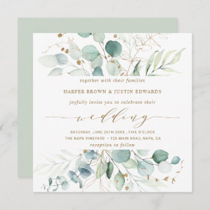 Gold and Green Elegant Botanical Wedding Square Invitation