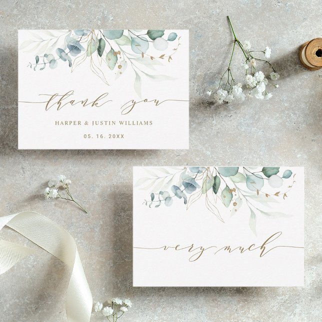 Gold and Green Elegant Botanical Wedding Thank You (Front & Back)