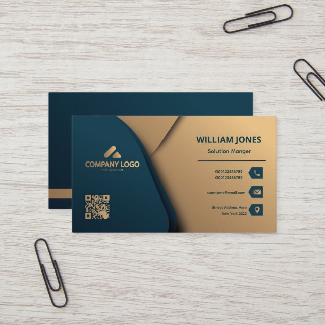 Gold And Green Elegant Business Card, QR Code  Business Card (Front/Back In Situ)