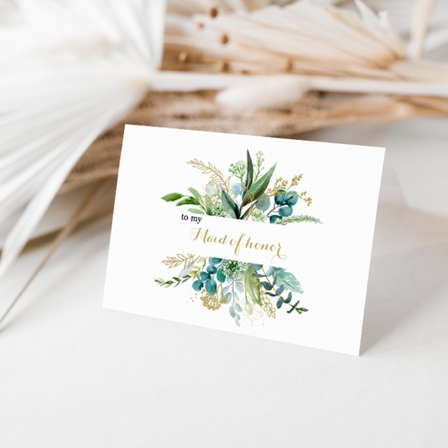 Gold and Green Eucalyptus Maid of Honour Thank You Card (Creator Uploaded)