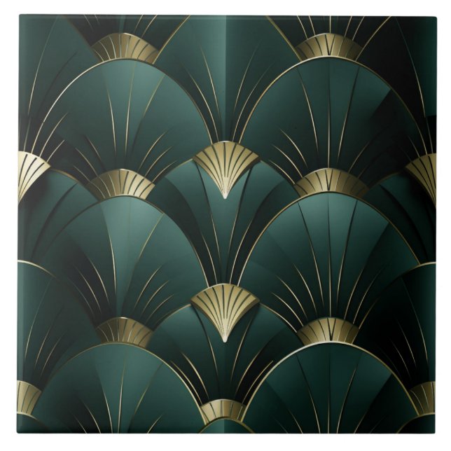 Gold and Green Fan, Art Deco, Metallic Style Tile (Front)
