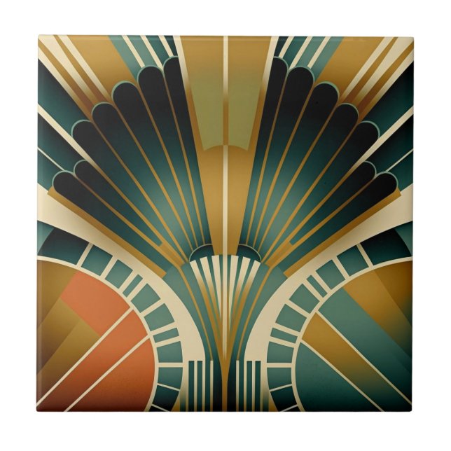 Gold and Green Fan Pattern Art Deco Tile (Front)