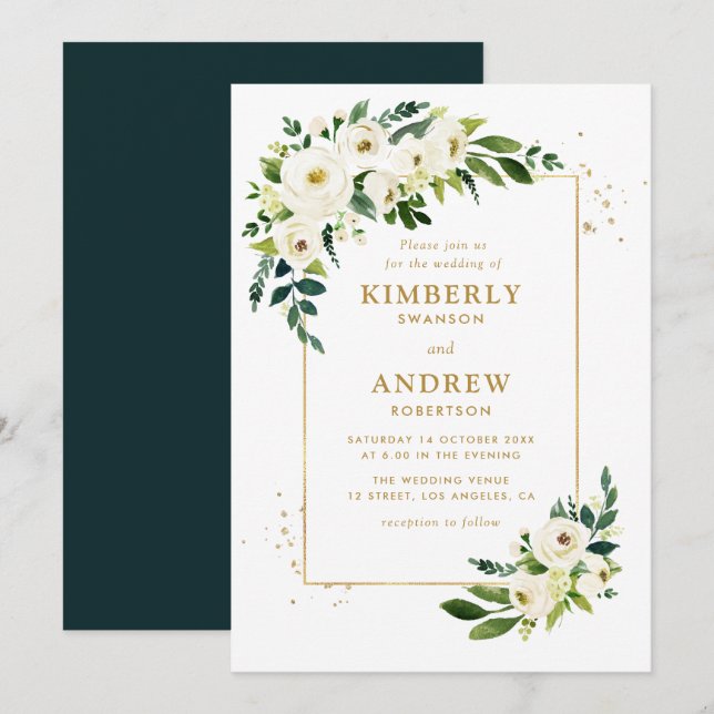 gold and green floral wedding invitation (Front/Back)