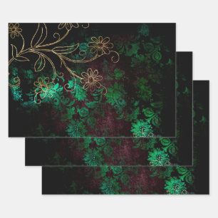 Gold and Green Floral Wrapping Paper Sheet
