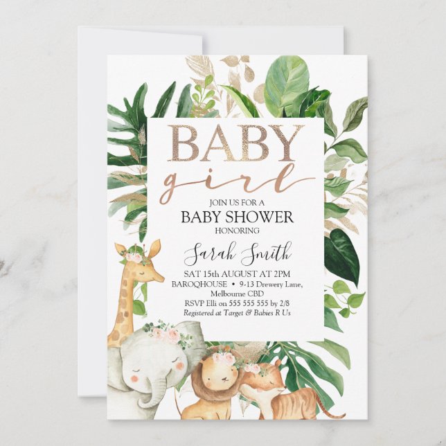 Gold And Green Foliage Girls Safari Baby Shower Invitation (Front)