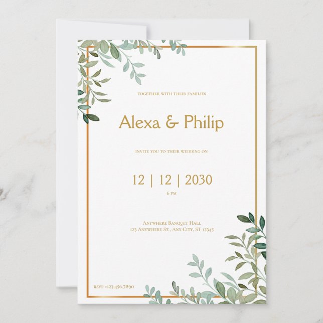 Gold and Green Foliage Wedding  Invitation (Front)