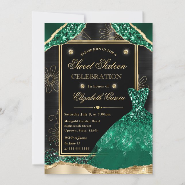 Gold and Green Glitter Dress Sweet Sixteen Invitation (Front)
