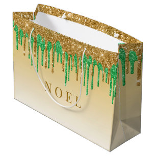 Gold and green glitter drips large gift bag