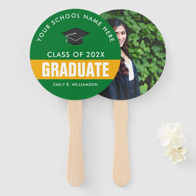 Gold and Green Graduation Personalised Hand Fan (Front and Back)