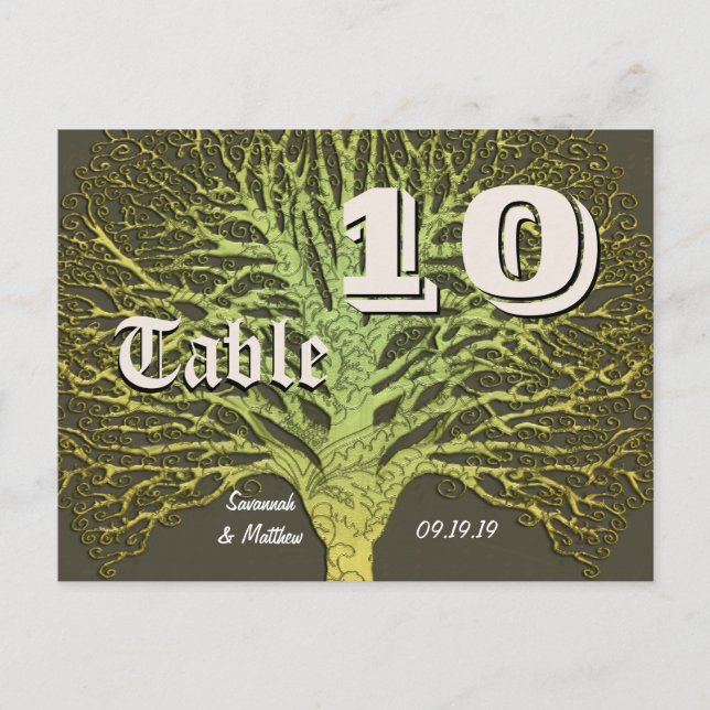 Gold and Green Grey Damask Tree Table Number Postcard (Front)