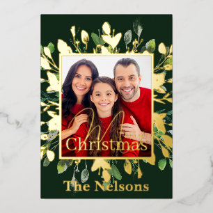 Gold and green leaves custom photo Christmas Foil Holiday Card