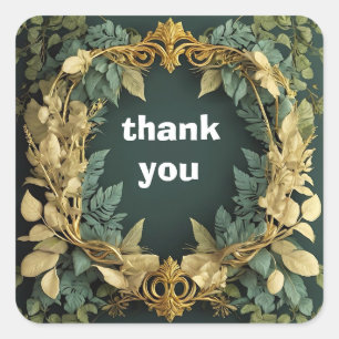 gold and green leaves frame thank you square sticker