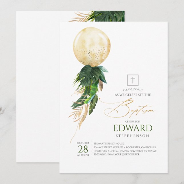 Gold and Green Palm Leaves Balloon Baptism Invitation (Front/Back)