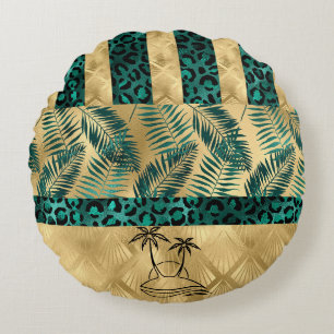 Gold and Green Palm Tree Round Cushion