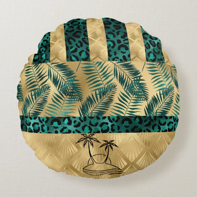 Gold and Green Palm Tree Round Cushion (Front)
