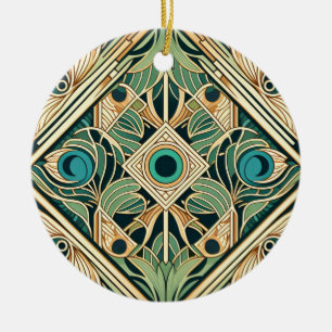 Gold and green peacock abstract feathers texture ceramic tree decoration