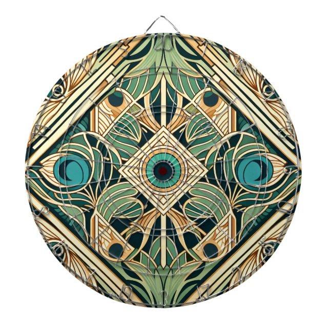 Gold and green peacock abstract feathers texture dartboard (Front)