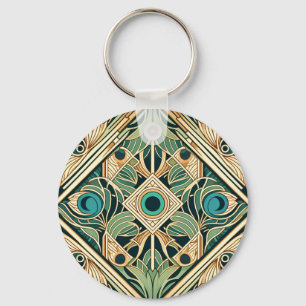 Gold and green peacock abstract feathers texture key ring