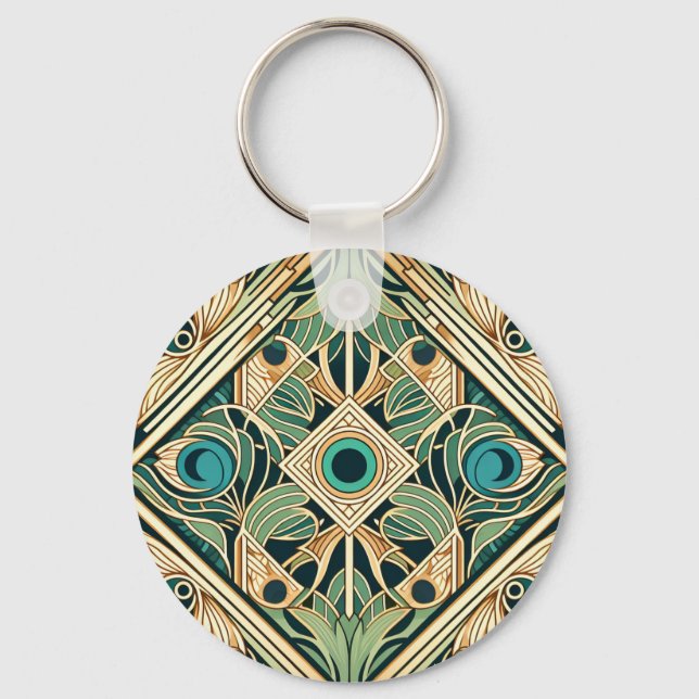 Gold and green peacock abstract feathers texture key ring (Front)