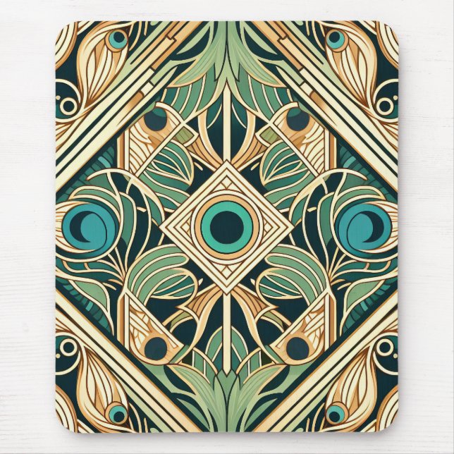 Gold and green peacock abstract feathers texture mouse mat (Front)