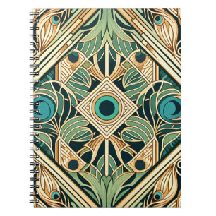 Gold and green peacock abstract feathers texture notebook