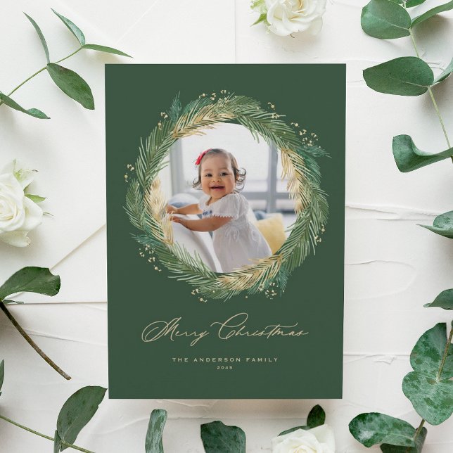 Gold and Green Pine Needles Wreath Christmas Photo Holiday Card (Faux Gold Foil Pine Needles Wreath Merry Christmas Photo Holiday Card)