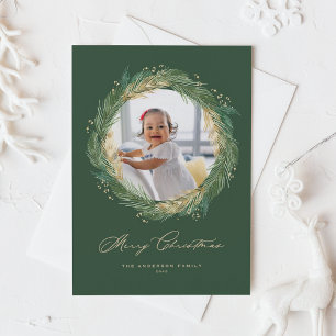 Gold and Green Pine Needles Wreath Christmas Photo Holiday Postcard