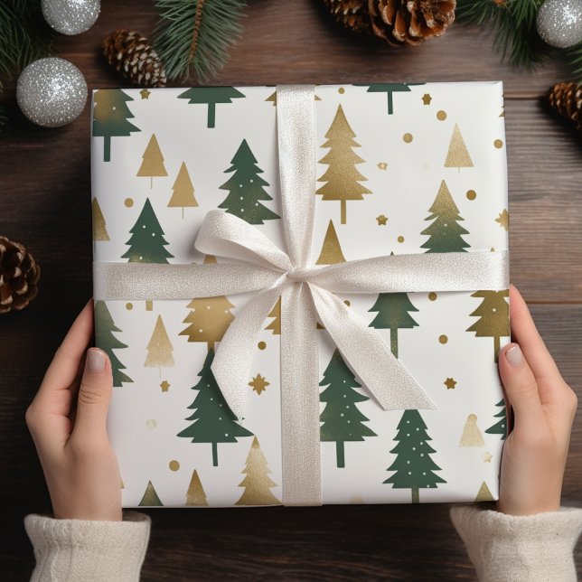 Gold And Green Pine Trees Christmas Wrapping Paper Sheet (Creator Uploaded)
