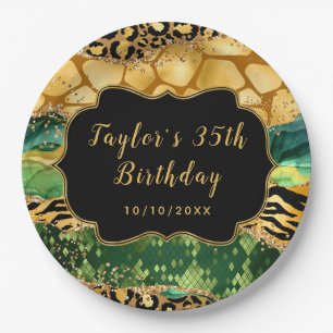 Gold and Green Safari Agate Birthday Paper Plate