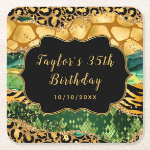 Gold and Green Safari Agate Birthday Square Paper Coaster