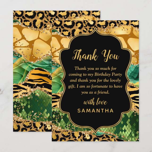 Gold and Green Safari Agate Birthday Thank You Card (Front/Back)