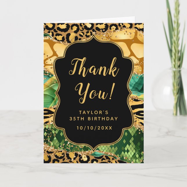 Gold and Green Safari Agate Birthday Thank You Card (Front)